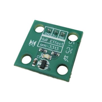 Small green Hall effect sensor breakout board with GND, 5V and SIG pins and four mounting holes
