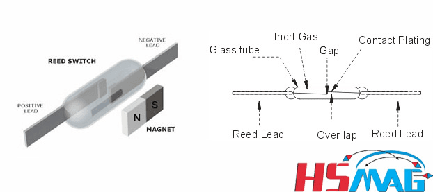 Reed switch diagrams: a glass reed switch beside a magnet, and a labeled cross-section showing the glass tube, inert gas, contact gap, overlap and reed leads