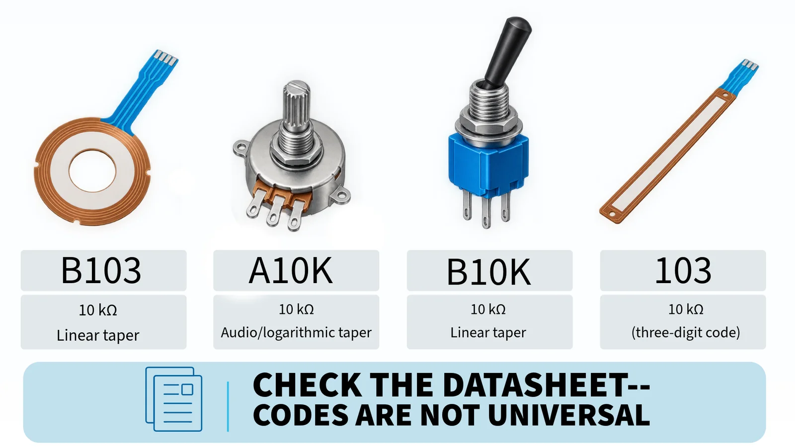 Four potentiometer markings and what they usually mean: B103 = 10 kΩ linear taper, A10K = 10 kΩ audio/logarithmic taper, B10K = 10 kΩ linear taper, 103 = 10 kΩ three-digit code. Check the datasheet, codes are not universal.