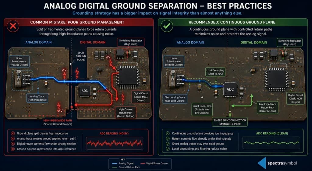 Side-by-side PCB comparison showing how a split ground plane produces a noisy ADC reading, while a single continuous ground plane with short analog traces and local decoupling produces a clean ADC reading.