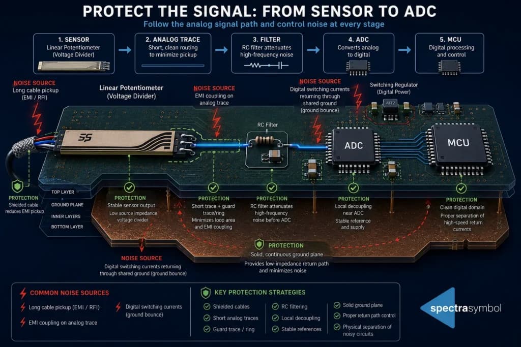 Diagram tracing the analog signal path from a linear potentiometer through the analog trace, RC filter, and ADC to the MCU, marking noise sources and the protection strategy used at each stage.