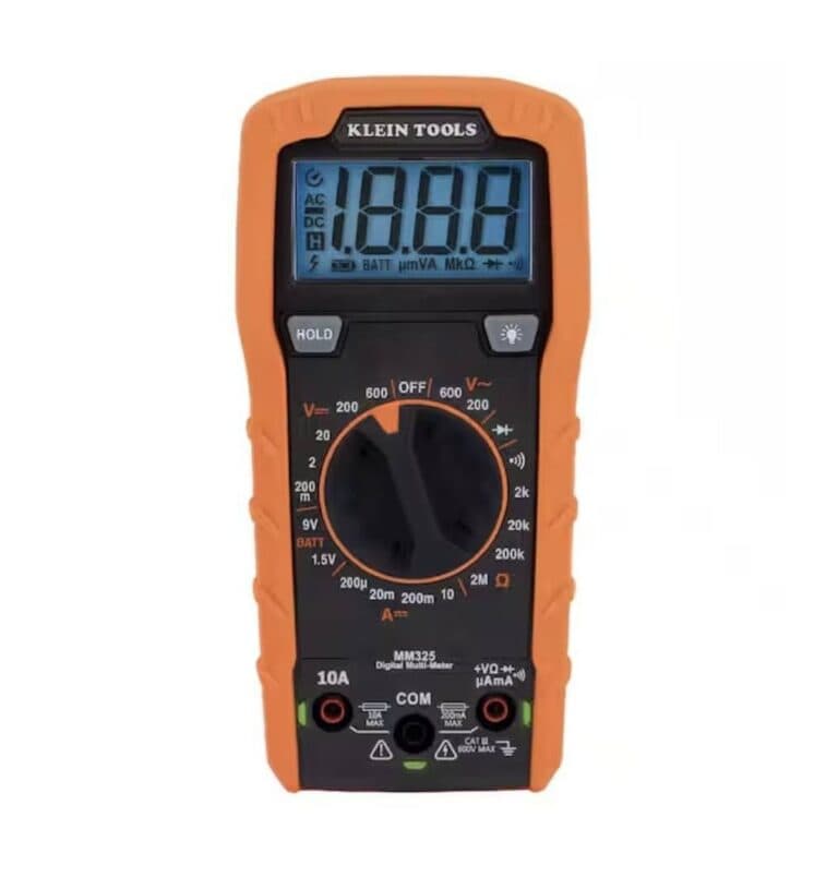 Klein Tools MM325 digital multimeter with an orange case, LCD display, and rotary dial for selecting voltage, current, and resistance ranges.
