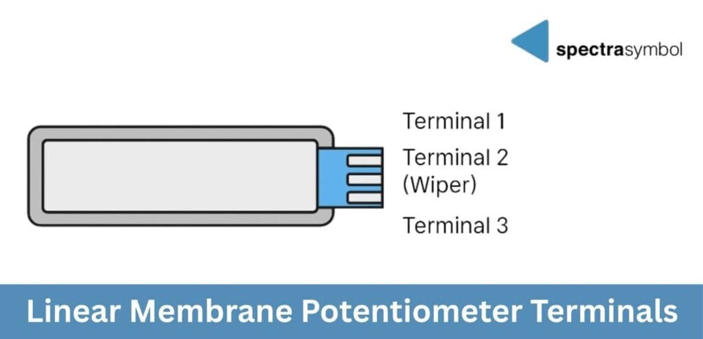 Diagram of a linear membrane potentiometer strip with a three-pin tail labeled Terminal 1, Terminal 2 (Wiper), and Terminal 3.
