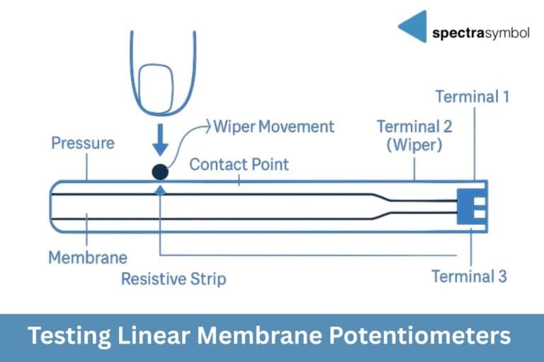 Diagram of testing a linear membrane potentiometer: a finger presses the membrane onto the resistive strip, creating a contact point for the wiper, with Terminals 1, 2 (Wiper), and 3 on the tail.