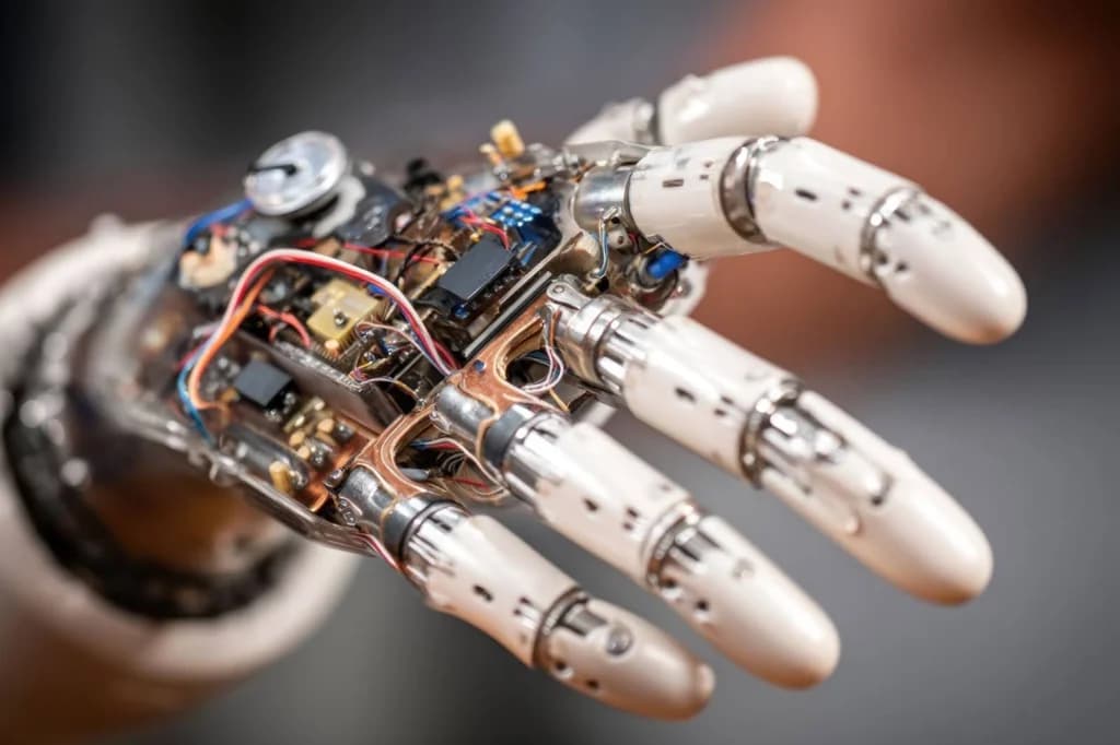 Close-up of a partially exposed, complex robotic hand or prosthetic hand, showing internal wires, circuits, and metal components.