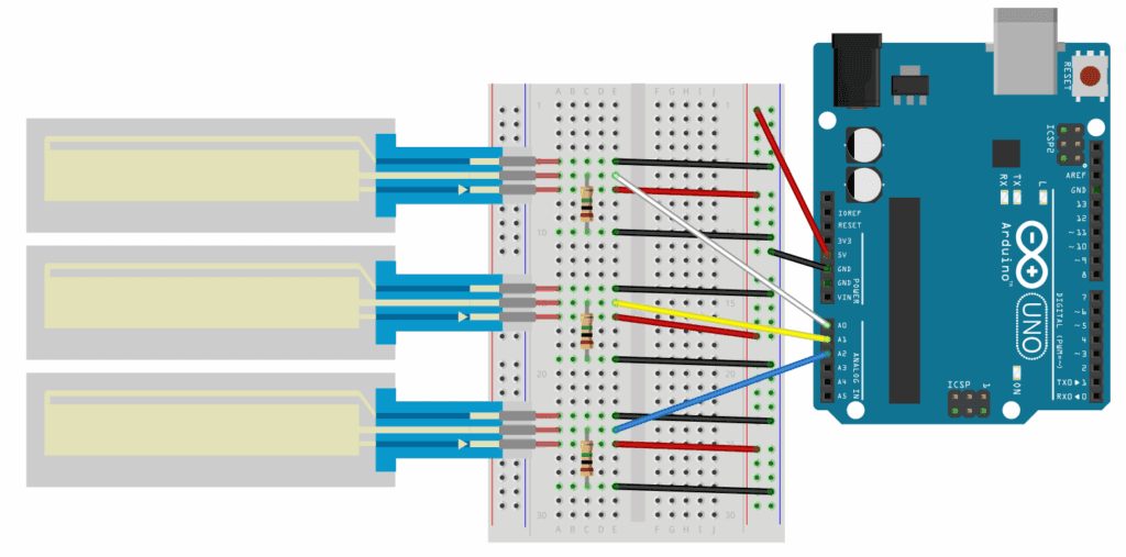 Breadboard diagram of three SoftPots wired to an Arduino, each wiper on its own analog input (A0, A1, A2) with its own pull-down resistor and shared 5V and GND rails.