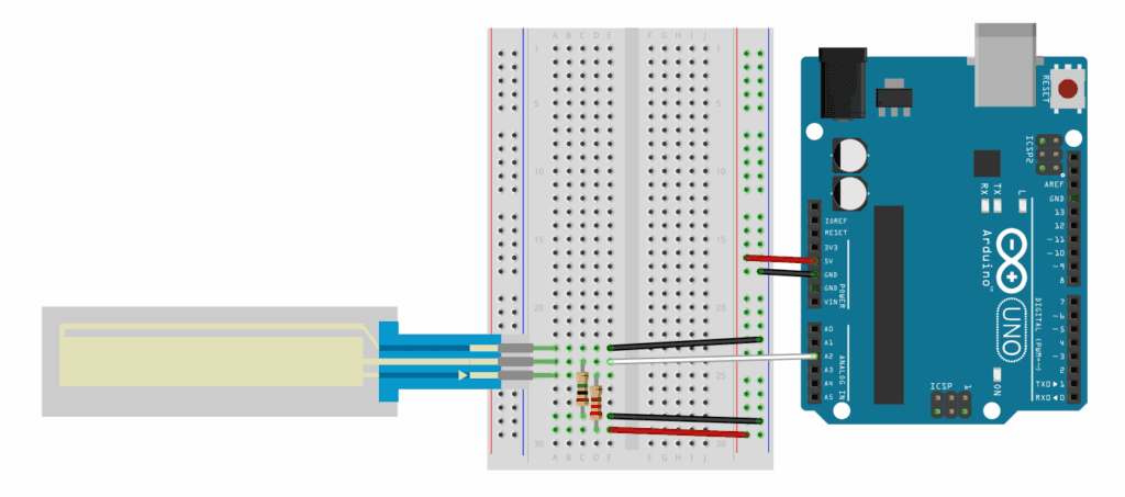 Breadboard diagram of a SoftPot wired to an Arduino Uno with a small series resistor on the 5V supply pin for current limiting, plus a pull-down resistor on the wiper.