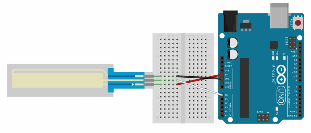 Breadboard diagram of a SoftPot membrane potentiometer wired to an Arduino Uno: outer pins to 5V and GND, wiper to analog input A0.