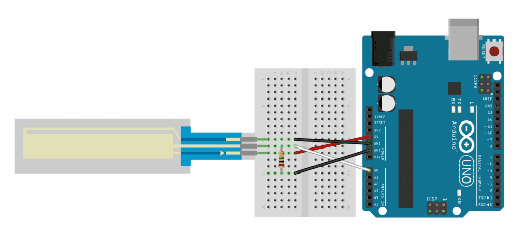 Breadboard diagram of a SoftPot wired to an Arduino Uno with a pull-down resistor between the wiper (A0) and ground.