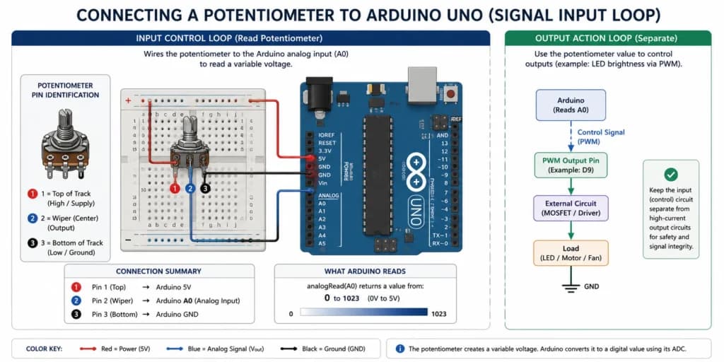 Wiring diagram showing a potentiometer connected to an Arduino Uno breadboard circuit for analog input (pin 1 to 5V, pin 2/wiper to A0, pin 3 to GND), alongside a separate output action loop illustrating PWM control of an LED, motor, or fan load via a MOSFET driver.