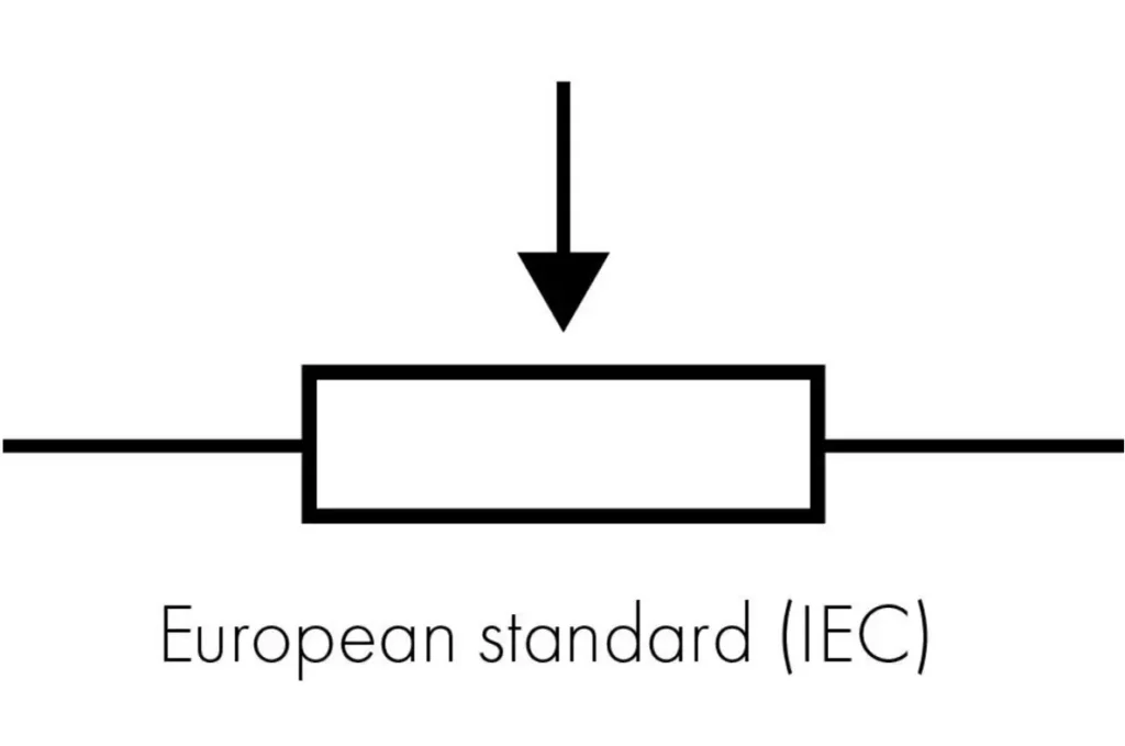 European standard (IEC) potentiometer symbol: a rectangular resistor with an arrow pointing to the resistive path.
