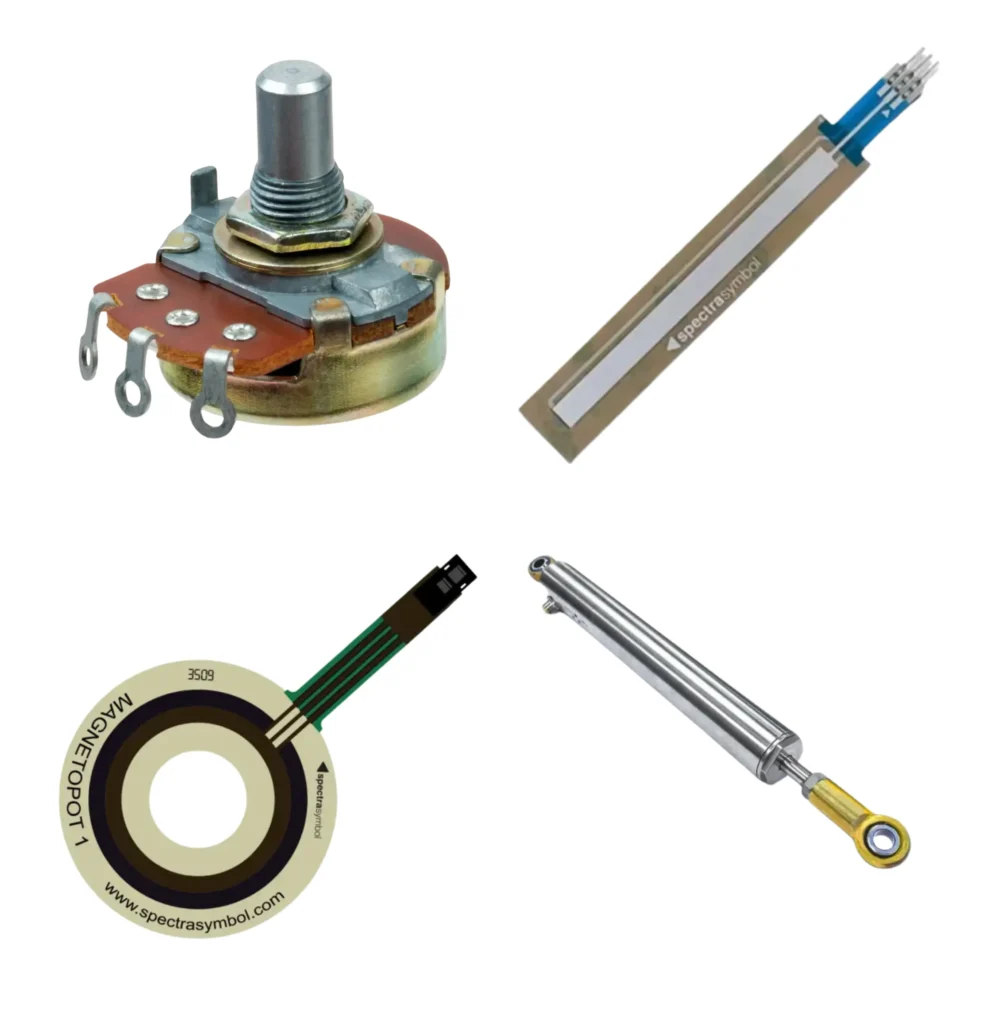 Four types of potentiometers: a panel-mount rotary potentiometer, a Spectra Symbol SoftPot membrane strip, a circular MagnetoPot sensor, and a rod-style linear motion potentiometer.