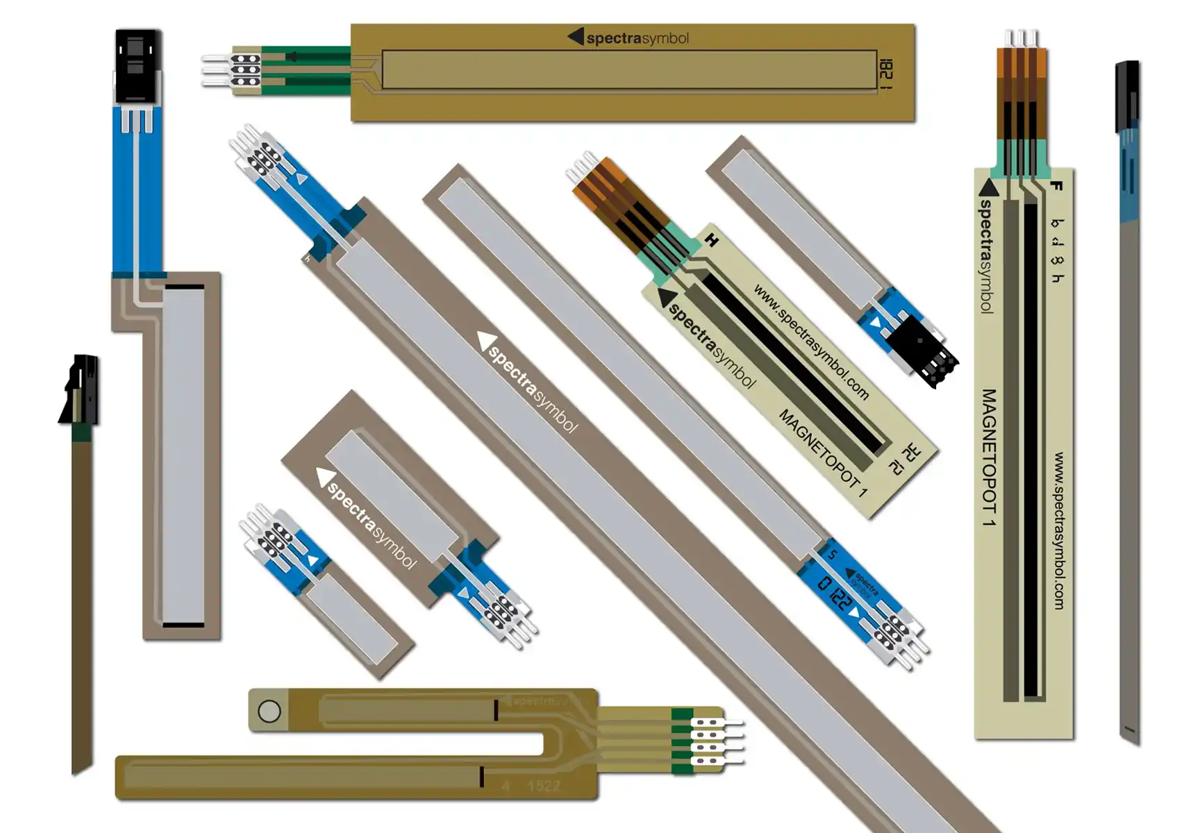 Example image of Spectra Symbol's multitude of custom & stock potentiometers and position sensors