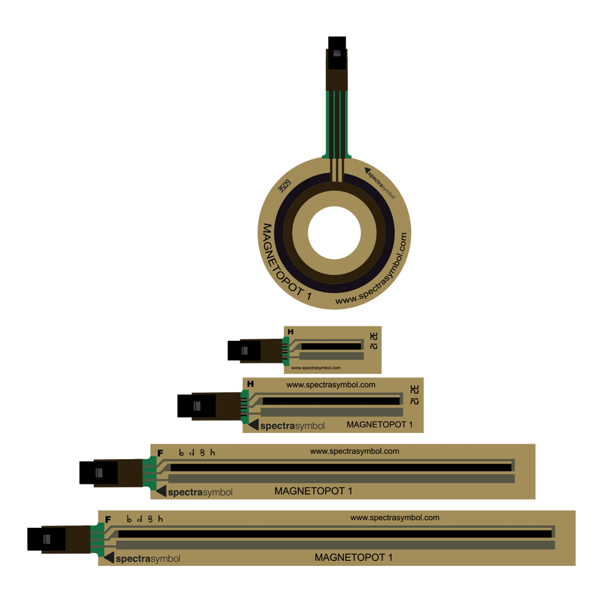 Image of various Spectra Symbol MagnetoPots showing examples of sensor lengths and form factors