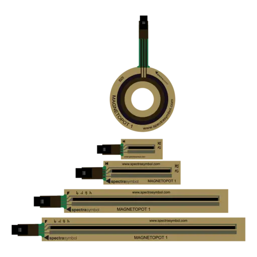 Image of various Spectra Symbol MagnetoPots showing examples of sensor lengths and form factors