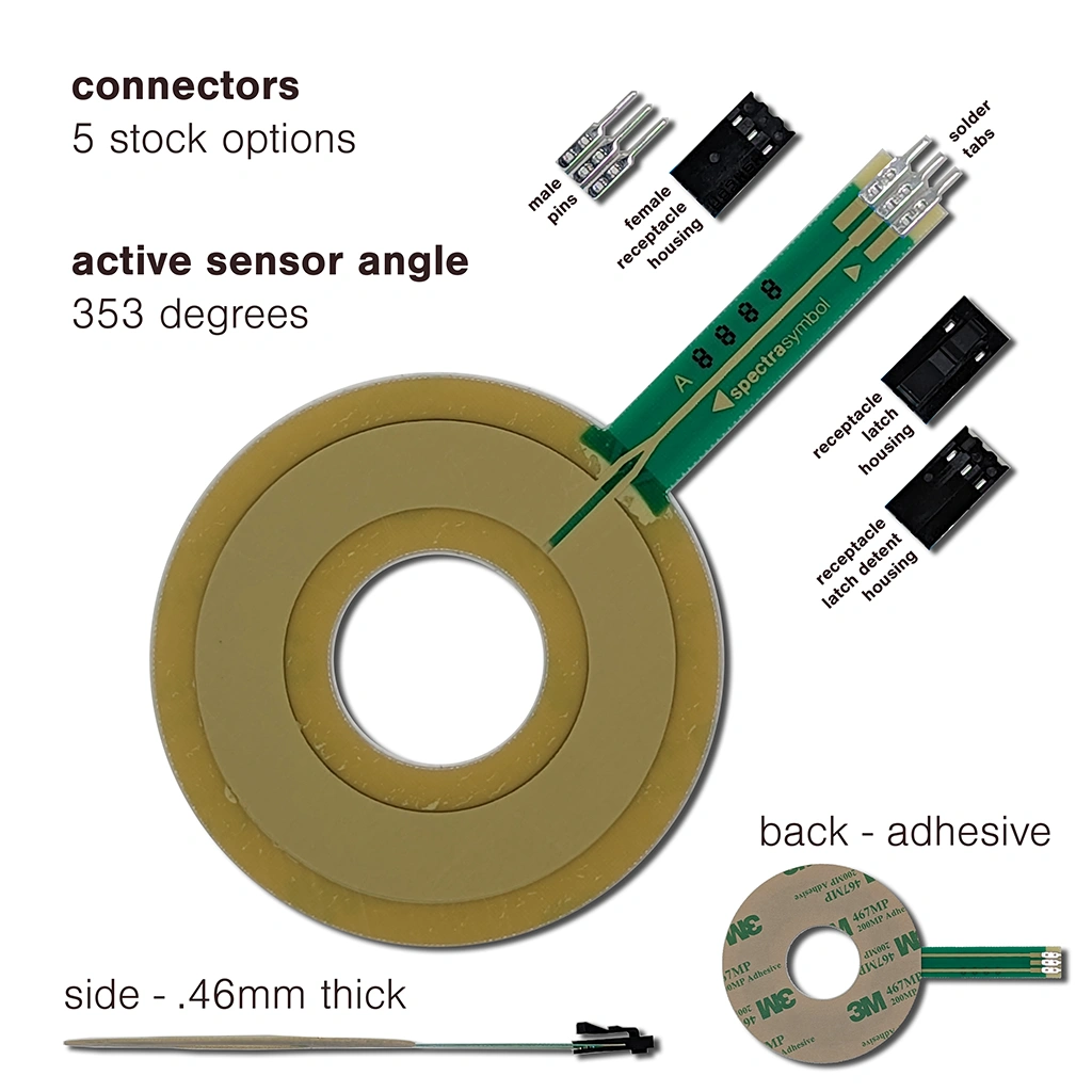 Image of a Spectra Symbol HotPot rotary potentiometer & basic info for length & connector options