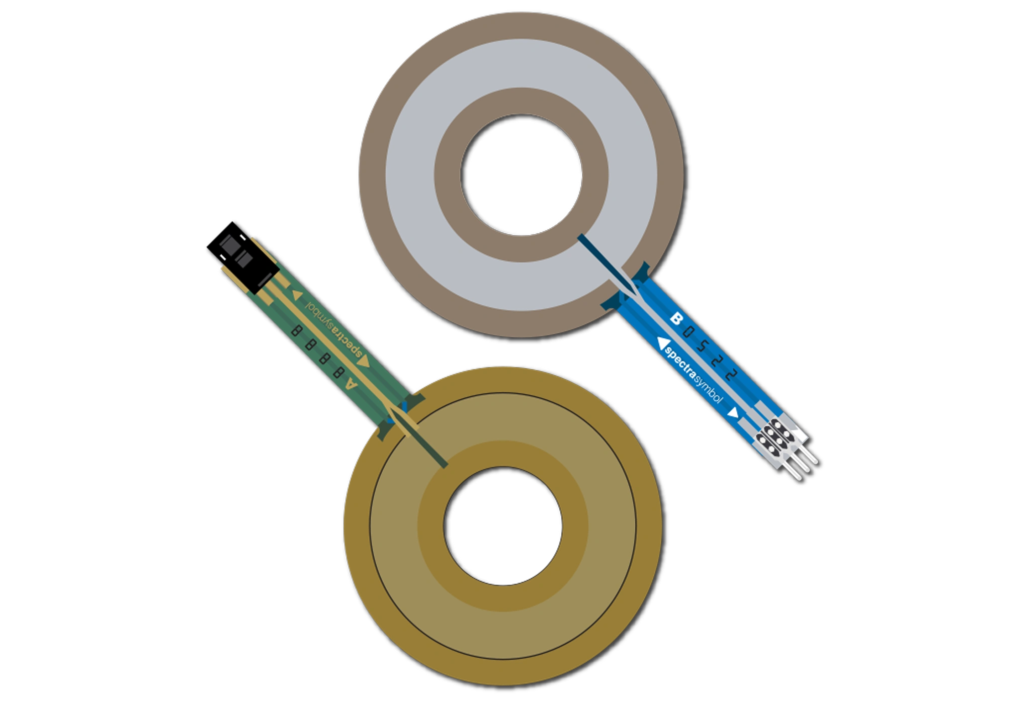 Image of a Spectra Symbol rotary SoftPot and a rotary HotPot like a yin & yang