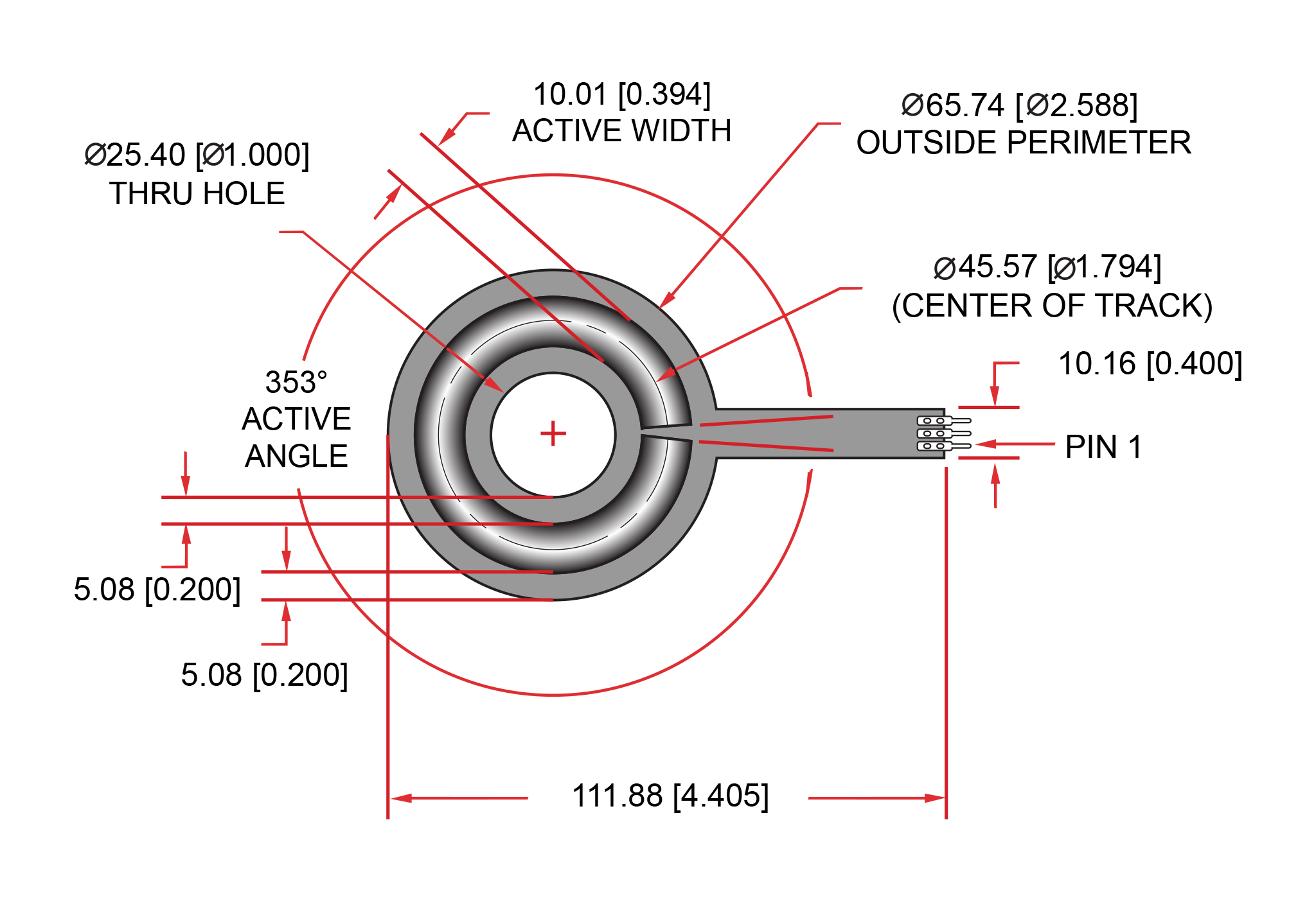 Schematic image example of one of Spectra Symbol's rotary position sensors with part dimensions
