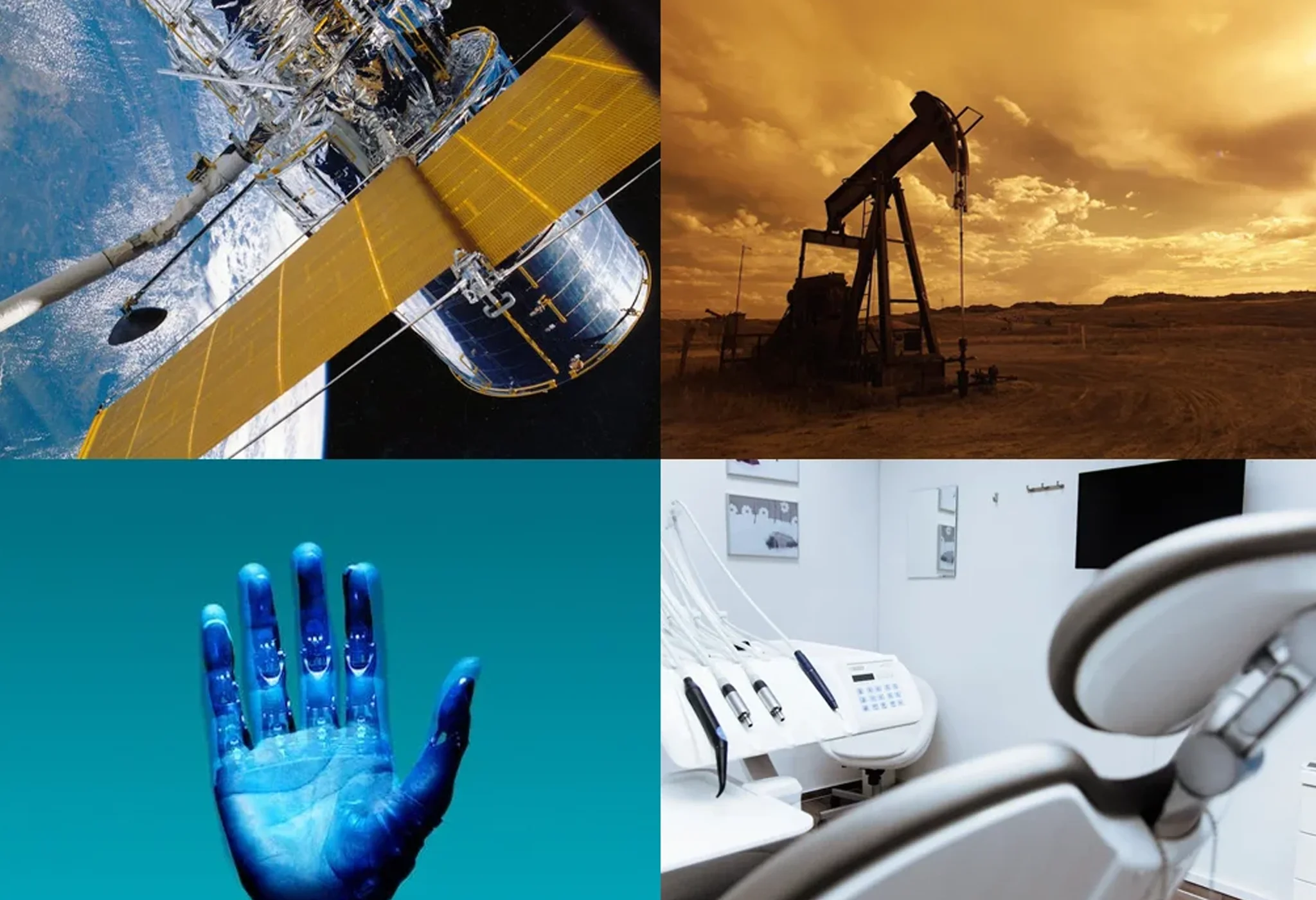Collage of four images representing the space industry oil industry robotics industry and medical